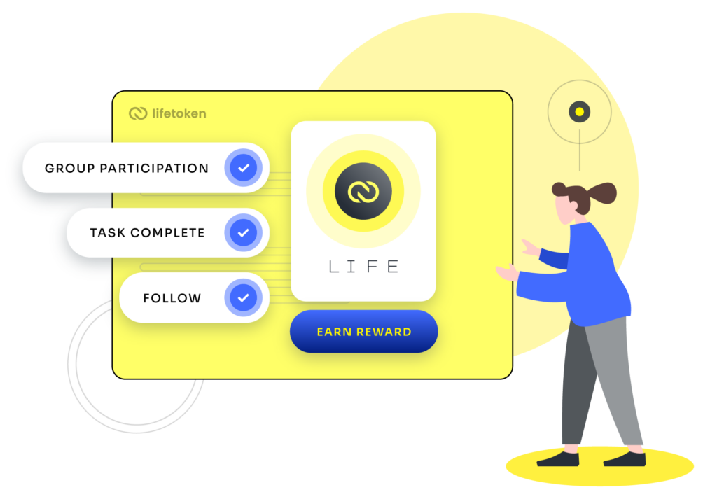 Aminated image of a digital marketing using Lifetoken for audience management. Elements shown are: group participation, task completions, and earn reward.
